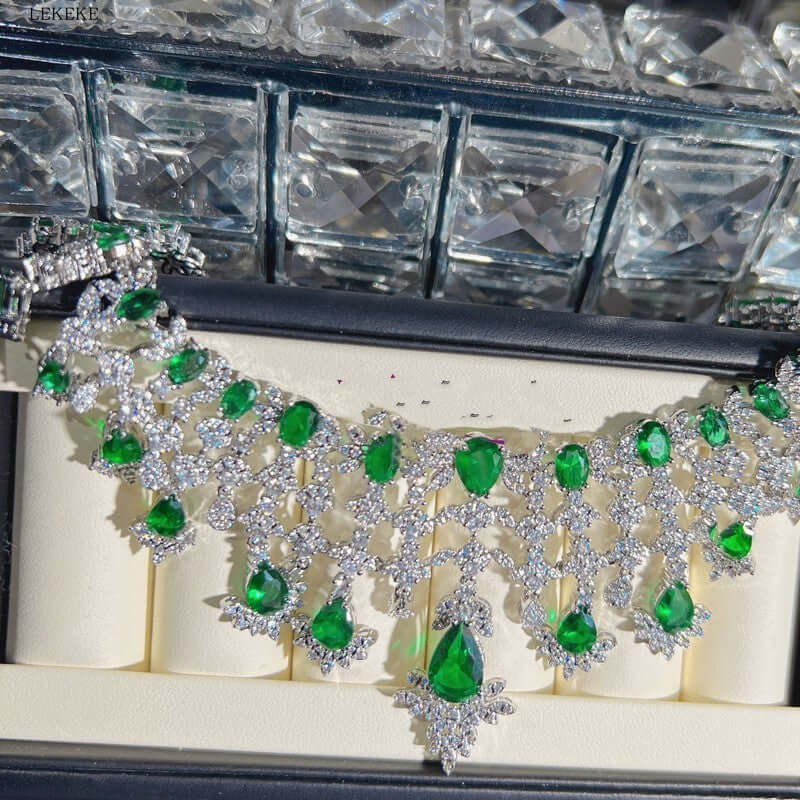 Green Waterdrops Zircon Necklace Earring Ring Bracelet Four-piece Set Cypto-OS