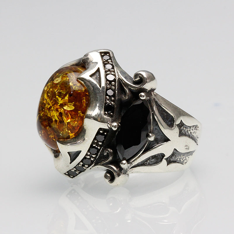 925 Thai Silver Ring Retro Gem Black Stone Amber Cypto-OS
