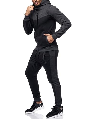 Men's Sweatsuit 2 Pieces Set Casual Jogging Athletic Hooded Tracksuit Full Zip Color Blocks Long Sleeve Outfit Cypto-OS