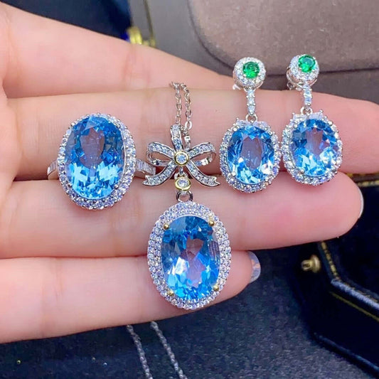 Natural Sky Blue Topaz Set Ring Pendant Earring Crystal Cypto-OS