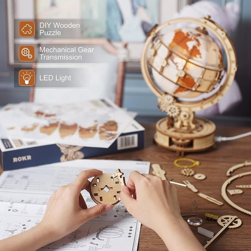 Robotime ROKR Luminous Globe 3D Wooden Puzzle Games Assemble Model Buliding Kits Toys Gift for Children Boy Support DropShipping Cypto-os-shop