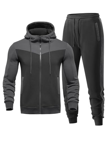 Men's Sweatsuit 2 Pieces Set Casual Jogging Athletic Hooded Tracksuit Full Zip Color Blocks Long Sleeve Outfit Cypto-OS