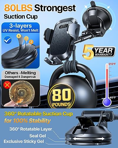 Phone Holders for Your Car [88 LBS Super Heavy Duty] Suction Cup Phone Holder Windshield/Dashboard/Window, Universal Car Phone Holder Mount, Compatible with iPhone, Samsung & Other Cellphone,Black Cypto-OS