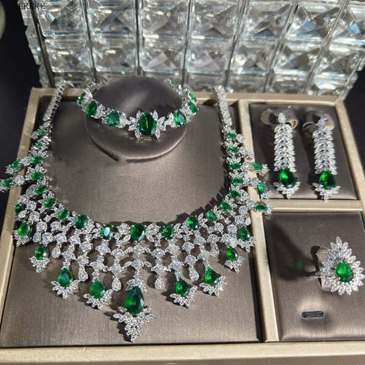 Green Waterdrops Zircon Necklace Earring Ring Bracelet Four-piece Set Cypto-OS