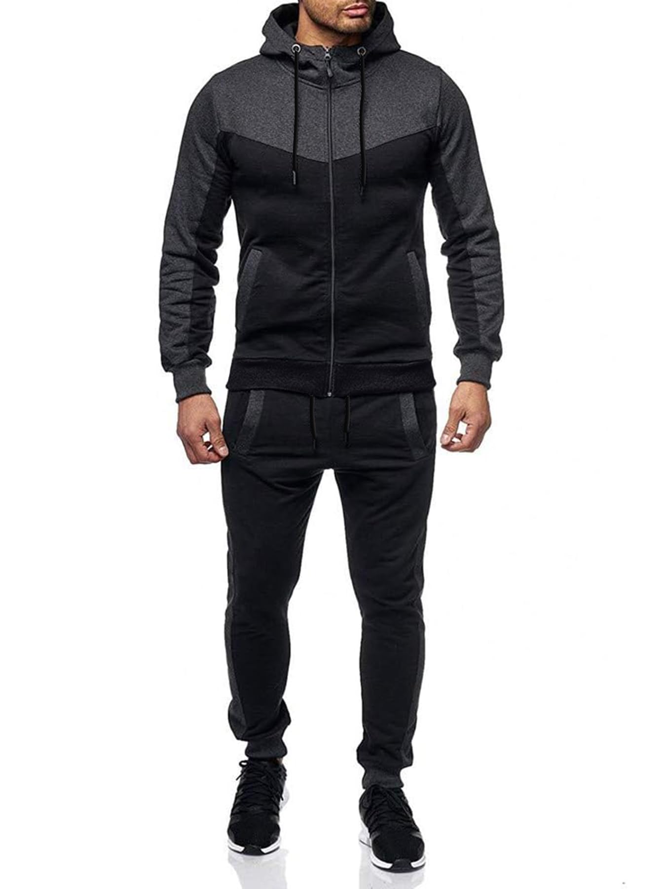 Men's Sweatsuit 2 Pieces Set Casual Jogging Athletic Hooded Tracksuit Full Zip Color Blocks Long Sleeve Outfit Cypto-OS