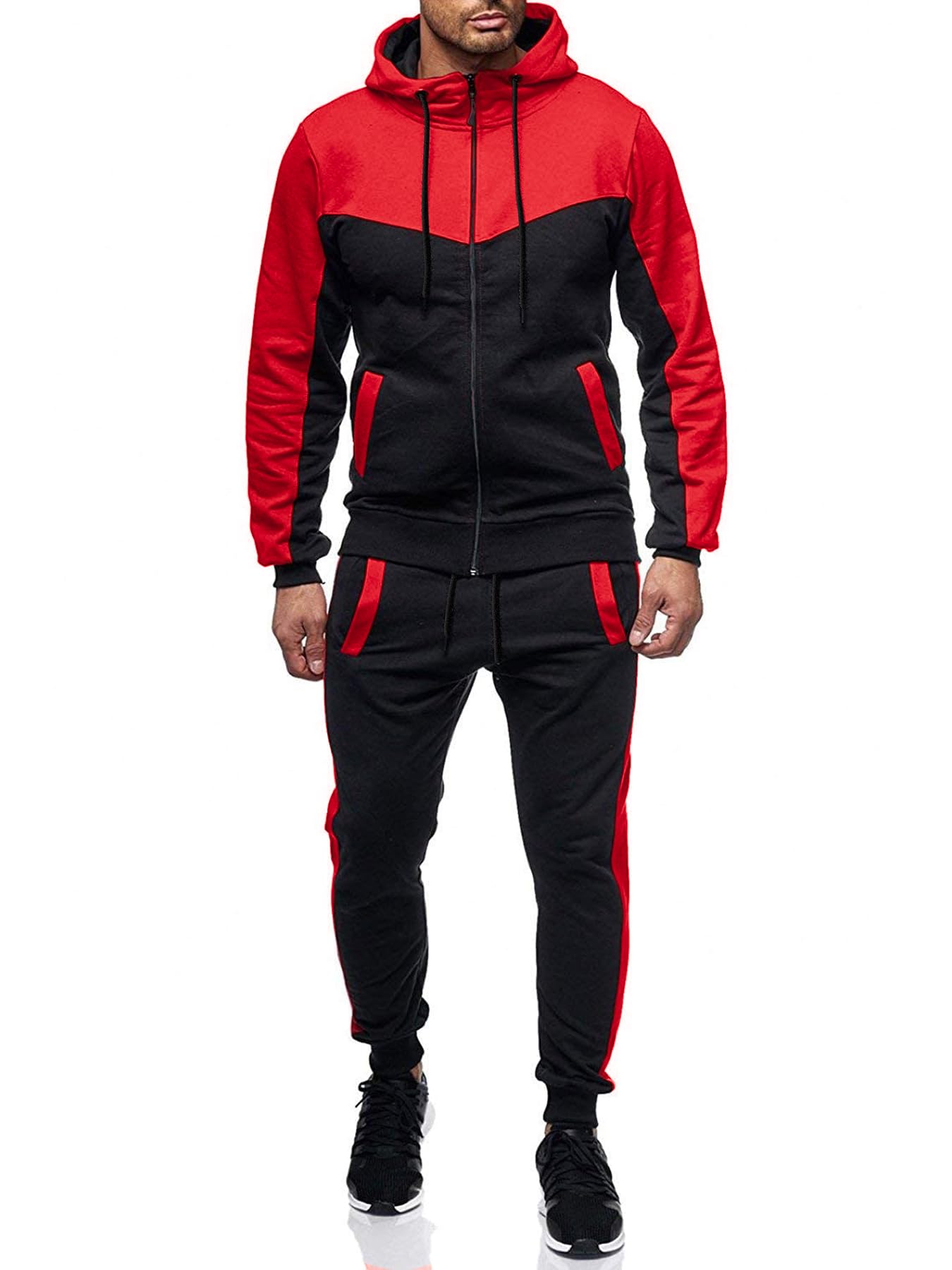Men's Sweatsuit 2 Pieces Set Casual Jogging Athletic Hooded Tracksuit Full Zip Color Blocks Long Sleeve Outfit Cypto-OS