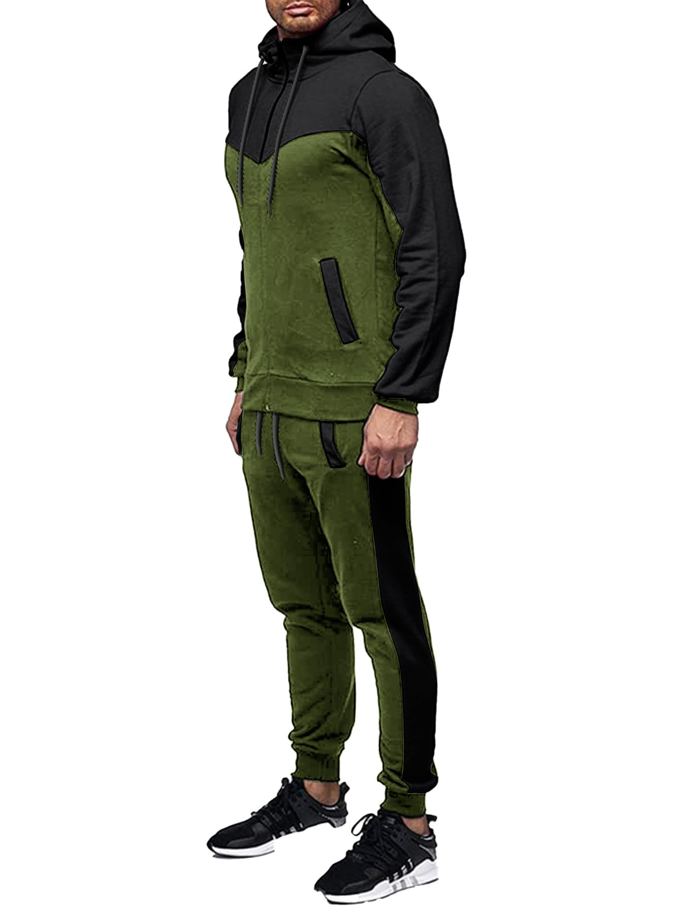 Men's Sweatsuit 2 Pieces Set Casual Jogging Athletic Hooded Tracksuit Full Zip Color Blocks Long Sleeve Outfit Cypto-OS