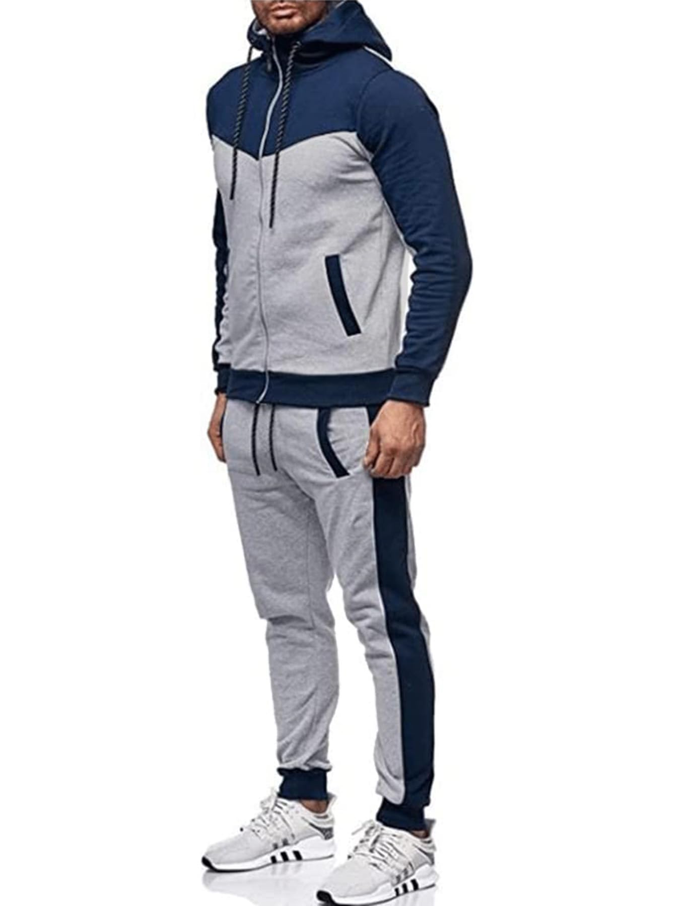 Men's Sweatsuit 2 Pieces Set Casual Jogging Athletic Hooded Tracksuit Full Zip Color Blocks Long Sleeve Outfit Cypto-OS