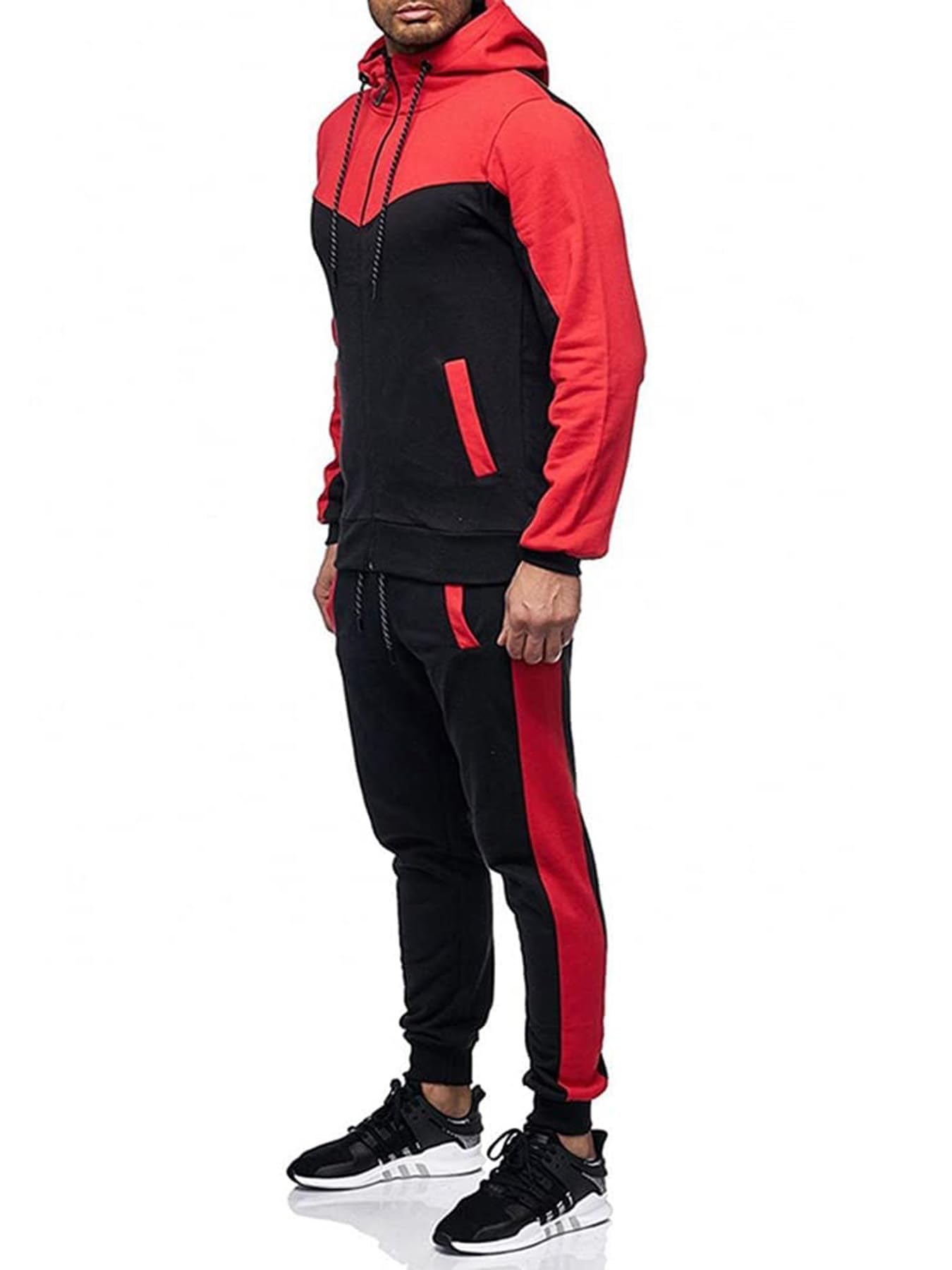 Men's Sweatsuit 2 Pieces Set Casual Jogging Athletic Hooded Tracksuit Full Zip Color Blocks Long Sleeve Outfit Cypto-OS
