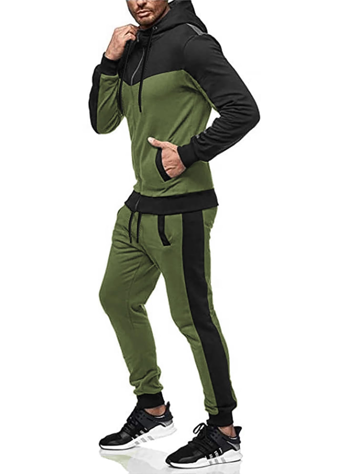Men's Sweatsuit 2 Pieces Set Casual Jogging Athletic Hooded Tracksuit Full Zip Color Blocks Long Sleeve Outfit Cypto-OS