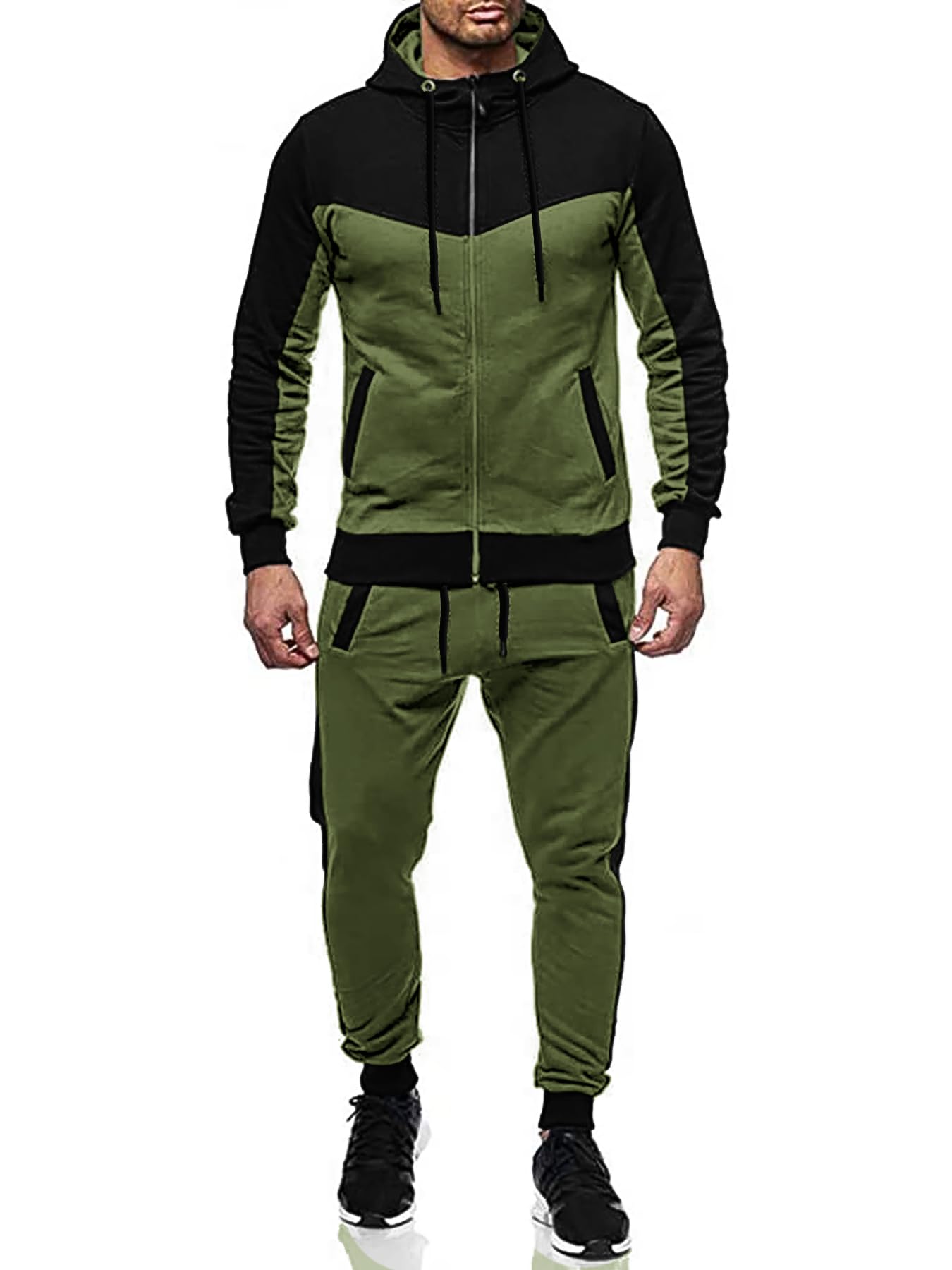 Men's Sweatsuit 2 Pieces Set Casual Jogging Athletic Hooded Tracksuit Full Zip Color Blocks Long Sleeve Outfit Cypto-OS