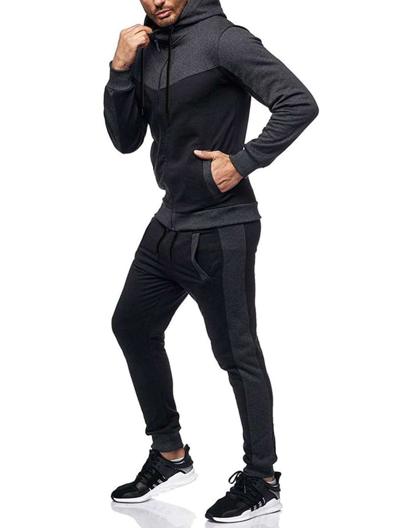 Men's Sweatsuit 2 Pieces Set Casual Jogging Athletic Hooded Tracksuit Full Zip Color Blocks Long Sleeve Outfit Cypto-OS