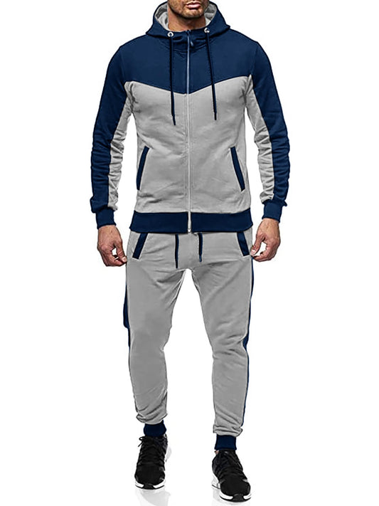 Men's Sweatsuit 2 Pieces Set Casual Jogging Athletic Hooded Tracksuit Full Zip Color Blocks Long Sleeve Outfit Cypto-OS