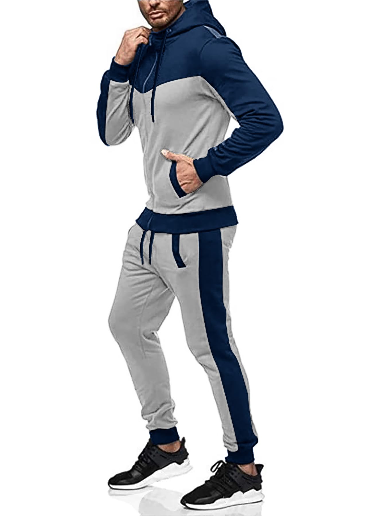 Men's Sweatsuit 2 Pieces Set Casual Jogging Athletic Hooded Tracksuit Full Zip Color Blocks Long Sleeve Outfit Cypto-OS