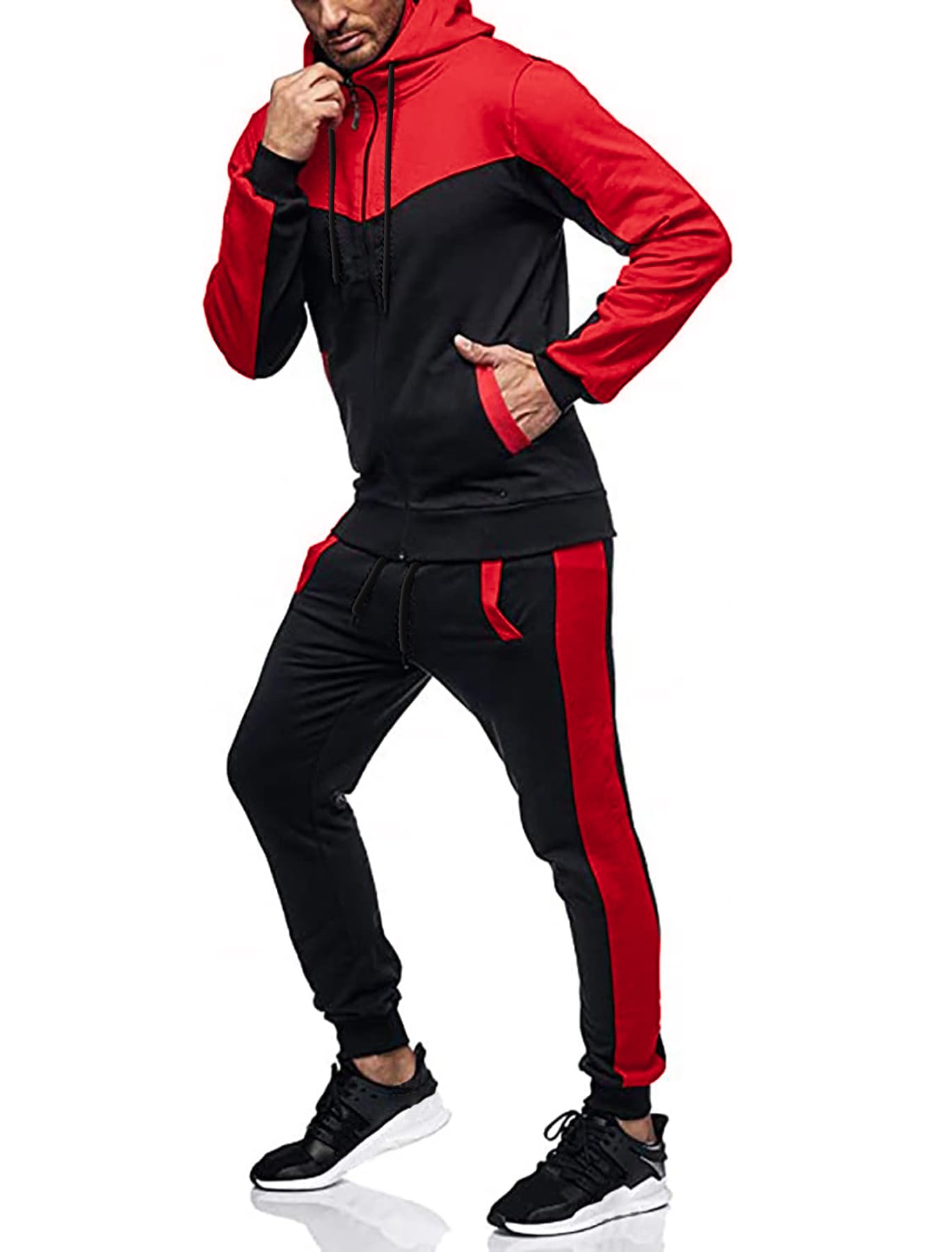 Men's Sweatsuit 2 Pieces Set Casual Jogging Athletic Hooded Tracksuit Full Zip Color Blocks Long Sleeve Outfit Cypto-OS
