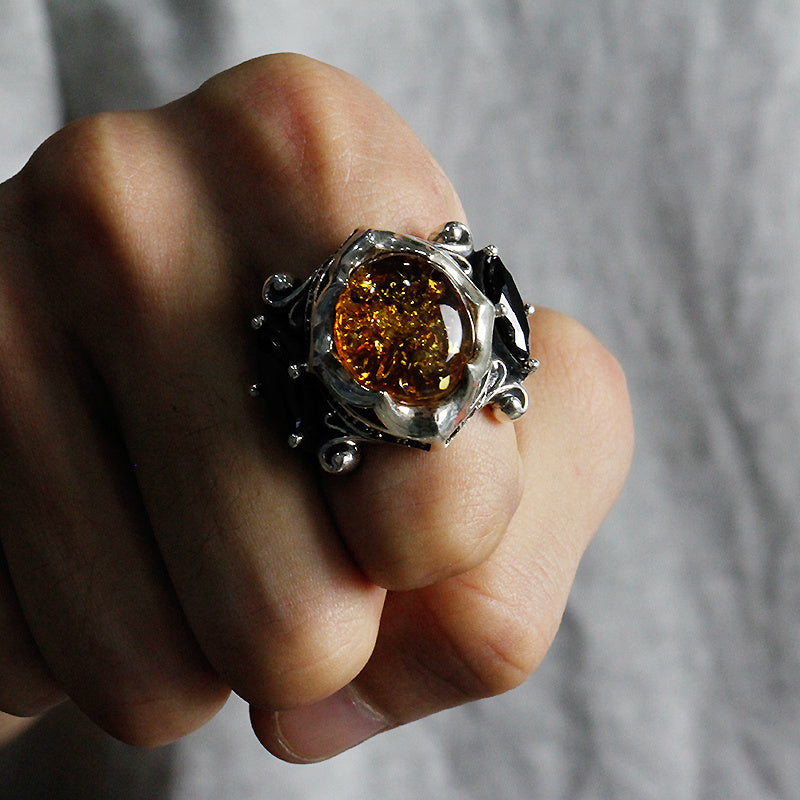925 Thai Silver Ring Retro Gem Black Stone Amber Cypto-OS