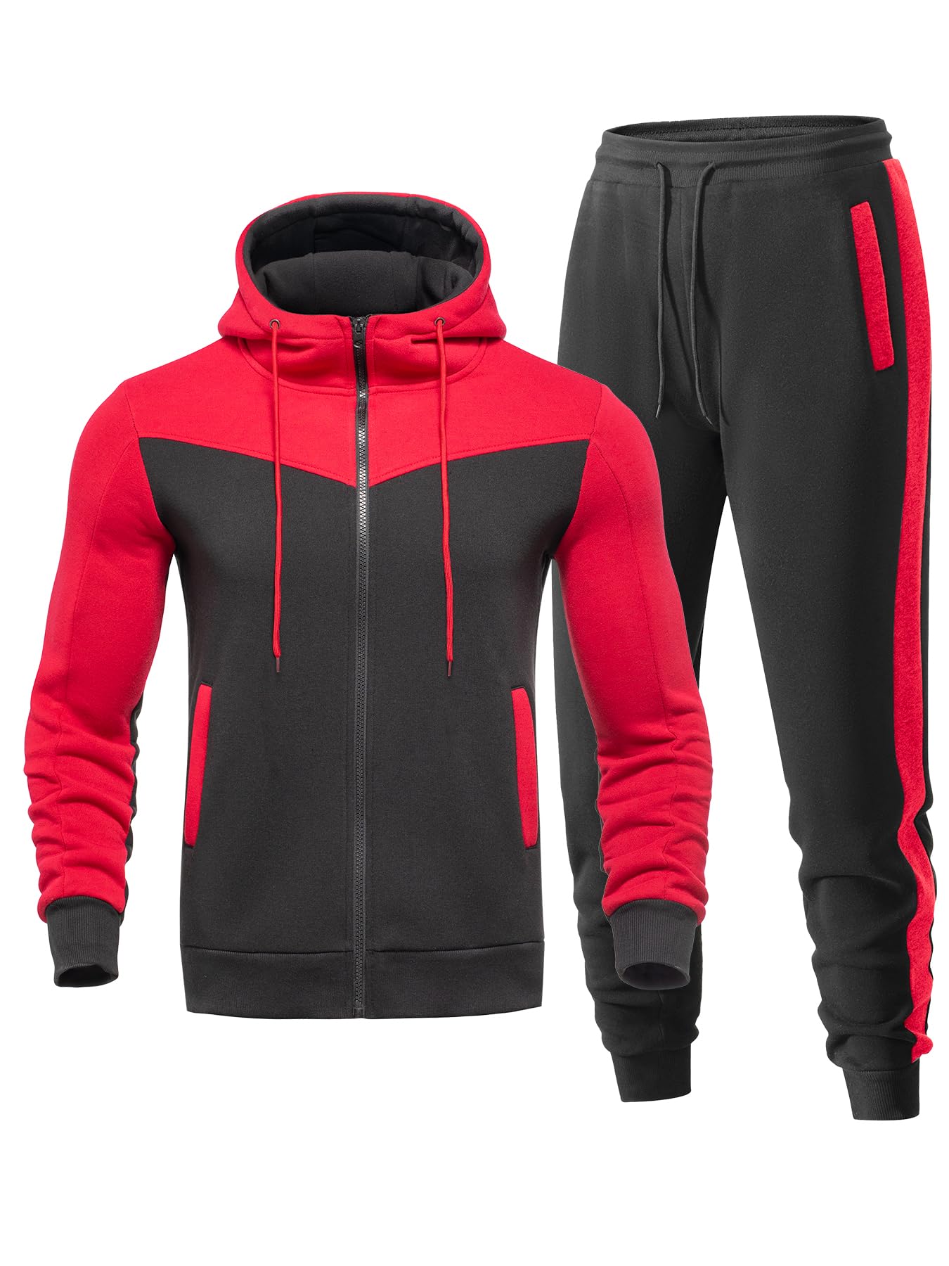 Men's Sweatsuit 2 Pieces Set Casual Jogging Athletic Hooded Tracksuit Full Zip Color Blocks Long Sleeve Outfit Cypto-OS
