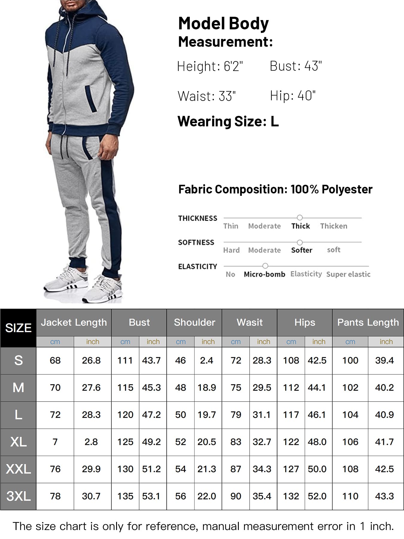 Men's Sweatsuit 2 Pieces Set Casual Jogging Athletic Hooded Tracksuit Full Zip Color Blocks Long Sleeve Outfit Cypto-OS