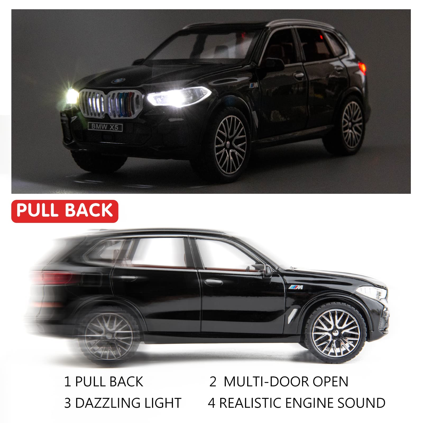 BDTCTK 1:32 Comapatible for X5 SUV Model Car Toy, Zinc Alloy Pull Back Toy car with Sound and Light for Kids Boy Girl Gift(Black) Cypto-OS