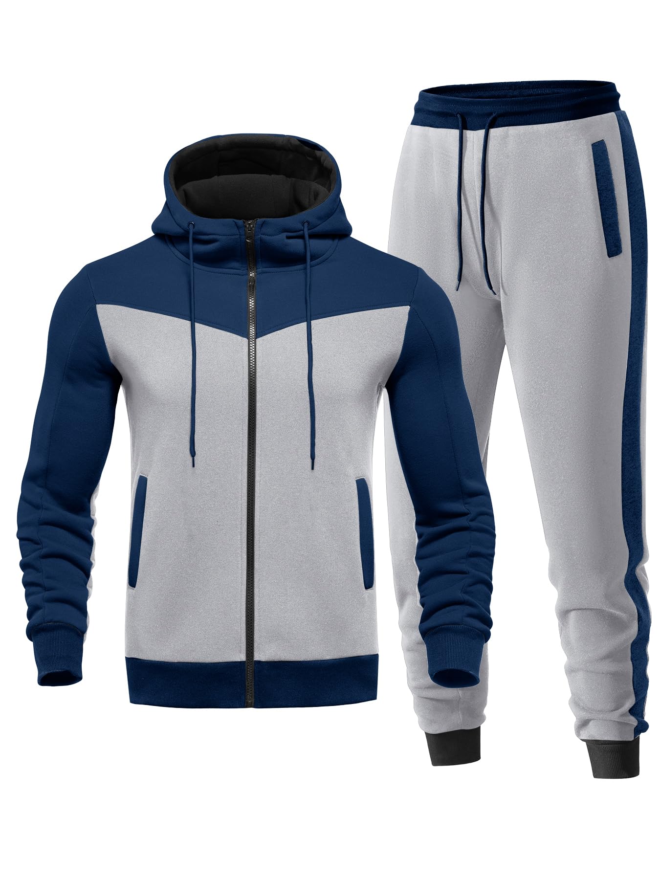 Men's Sweatsuit 2 Pieces Set Casual Jogging Athletic Hooded Tracksuit Full Zip Color Blocks Long Sleeve Outfit Cypto-OS