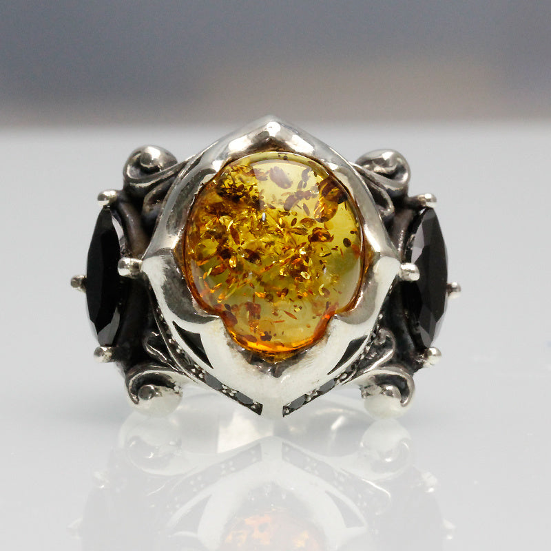 925 Thai Silver Ring Retro Gem Black Stone Amber Cypto-OS