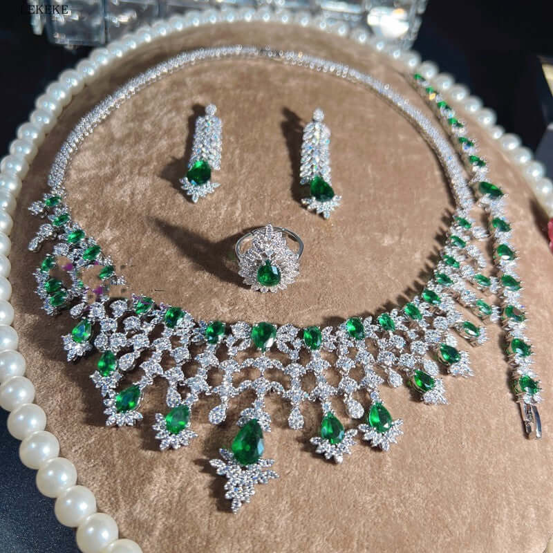 Green Waterdrops Zircon Necklace Earring Ring Bracelet Four-piece Set Cypto-OS