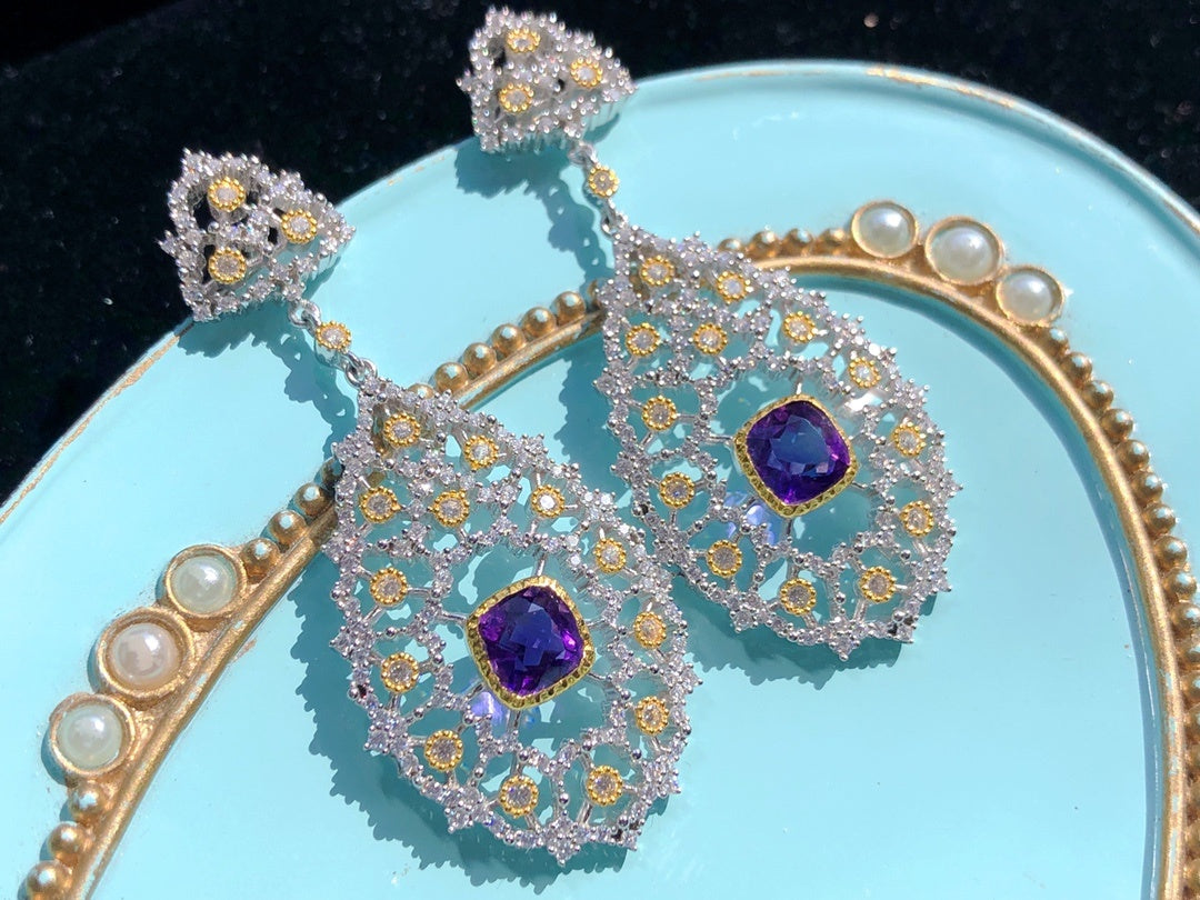 Luxury 925 Silver Plated Natural Amethyst Drop Earrings Cypto-OS