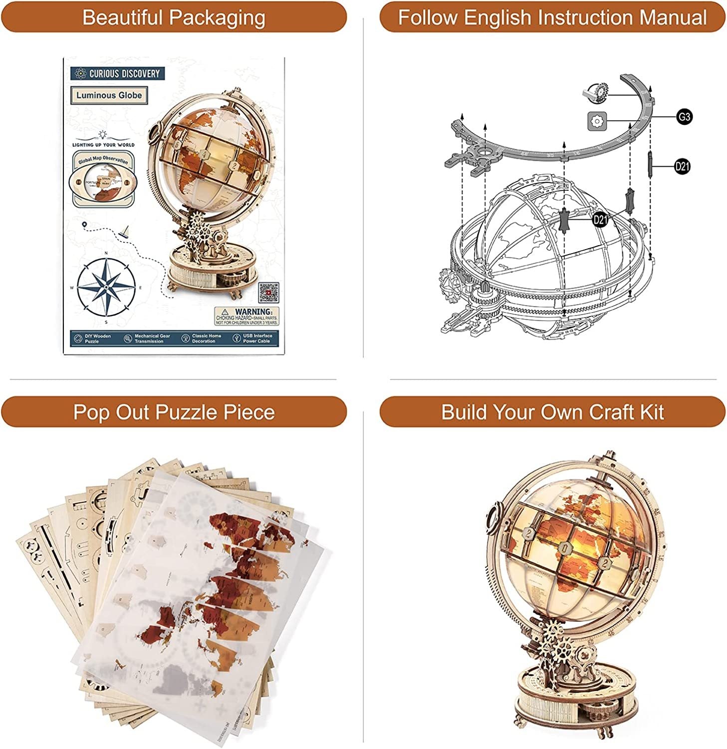 Rokr Luminous Globe 3D Wooden Hot Selling 180PCS Model Building Block Kits Toy Cypto-os-shop