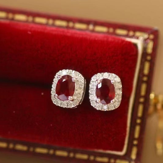 Real Gold Natural Ruby Diamond Stud Earrings Pigeon Blood Red Color Cypto-OS