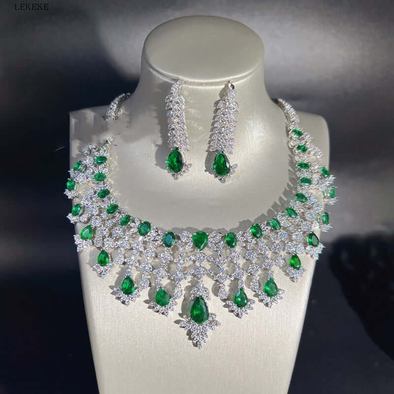 Green Waterdrops Zircon Necklace Earring Ring Bracelet Four-piece Set Cypto-OS