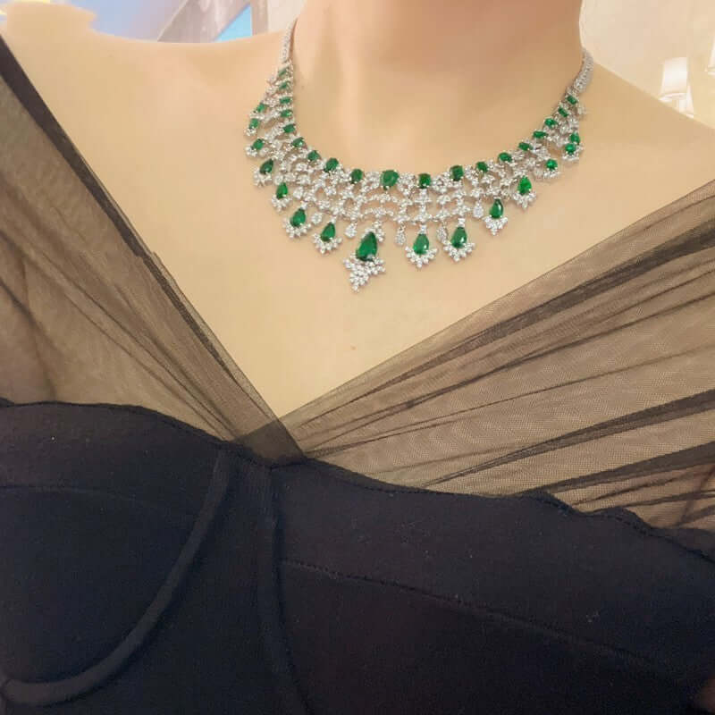Green Waterdrops Zircon Necklace Earring Ring Bracelet Four-piece Set Cypto-OS