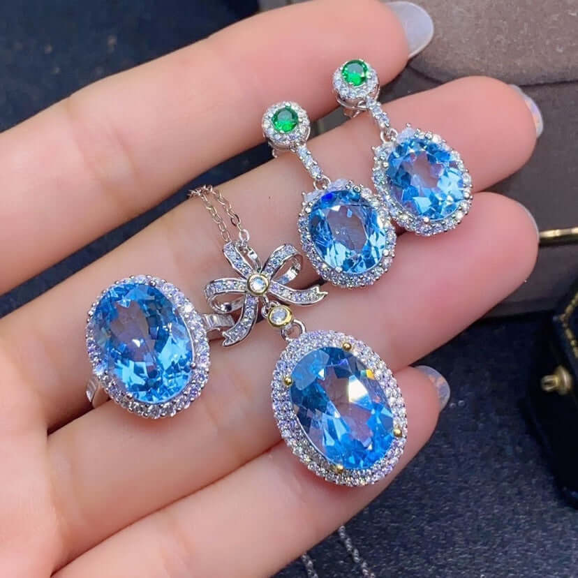 Natural Sky Blue Topaz Set Ring Pendant Earring Crystal Cypto-OS