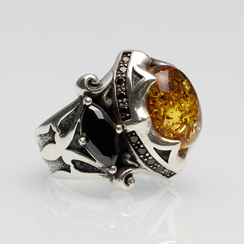 925 Thai Silver Ring Retro Gem Black Stone Amber Cypto-OS