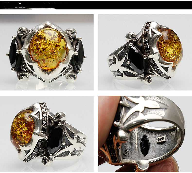 925 Thai Silver Ring Retro Gem Black Stone Amber Cypto-OS