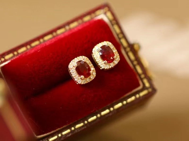 Real Gold Natural Ruby Diamond Stud Earrings Pigeon Blood Red Color Cypto-OS